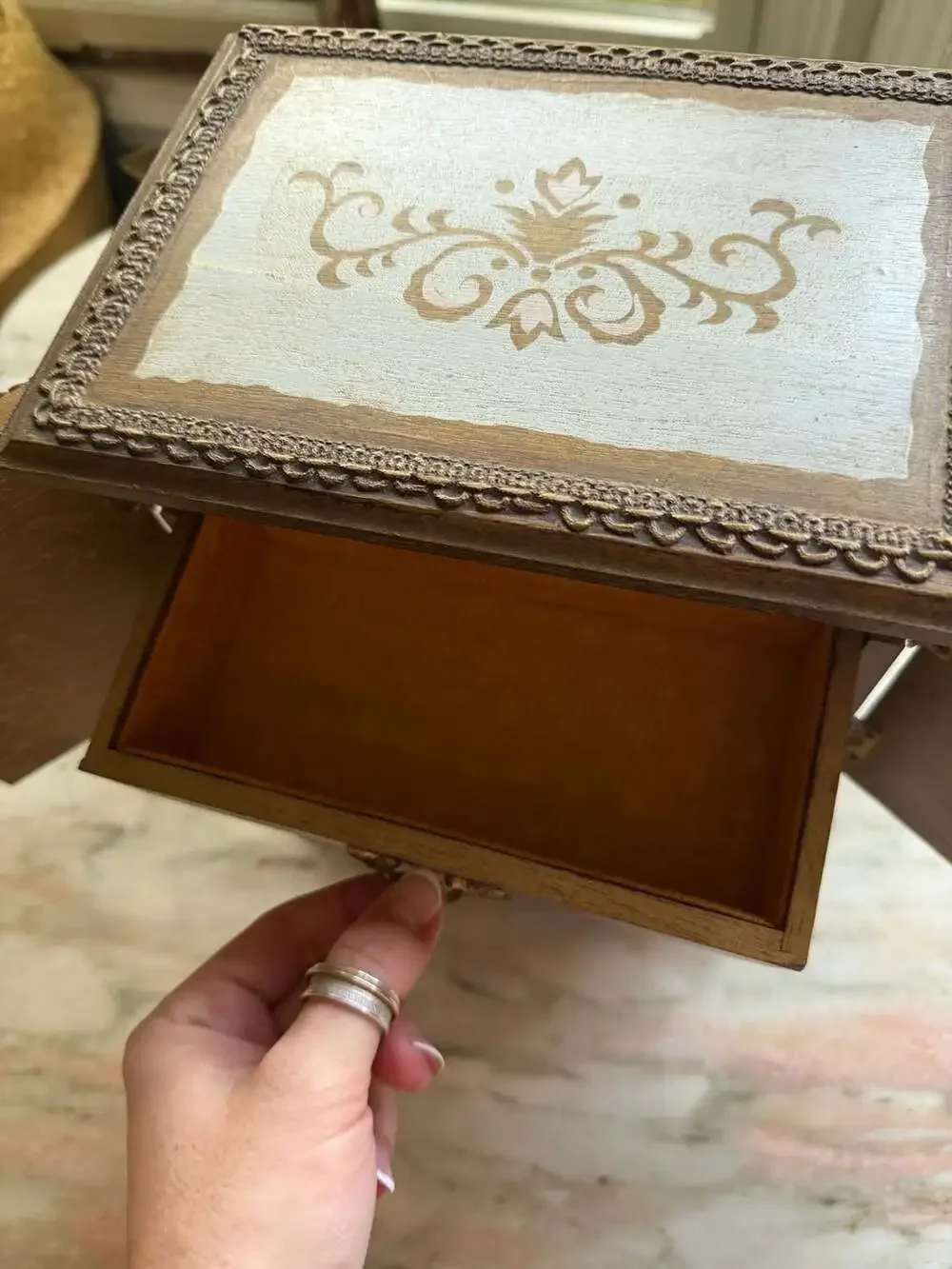 Vintage Florentine Wooden Miniature Armoire Jewelry Box with Romantic Scene Pane